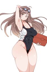 1girl black_one-piece_swimsuit brown_hair cain_lk competition_swimsuit goddess_of_victory:_nikke goggles goggles_on_head highleg highleg_one-piece_swimsuit highres long_hair official_alternate_costume one-piece_swimsuit rapi_(classic_vacation)_(nikke) rapi_(nikke) simple_background solo swimsuit two-tone_swimsuit white_background