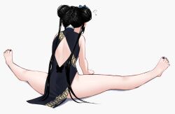 1girl absurdres ass back_cutout bare_legs barefoot black_dress black_hair black_nails blue_archive butterfly_hair_ornament china_dress chinese_clothes clothing_cutout double_bun dress feet from_behind full_body grey_background hair_bun hair_ornament highres kisaki_(blue_archive) legs long_hair nail_polish on_ground pelvic_curtain pietrosatou print_dress simple_background sitting sleeveless sleeveless_dress solo thighs toenail_polish toenails toes very_long_hair