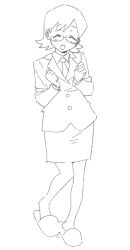 1girl formal_clothes full_body glasses greyscale highres kona_ming monochrome necktie open_mouth original pencil_skirt skirt skirt_suit solo standing suit