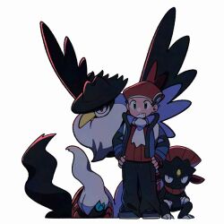 1boy black_eyes black_hair black_pants blue_jacket chibi commentary darkrai gen_4_pokemon grin hands_on_own_hips hat honchkrow jacket legendary_pokemon lucas_(pokemon) male_focus mythical_pokemon nintendo open_clothes open_jacket pants pokemon pokemon_(creature) pokemon_dppt pokemon_platinum red_hat red_shirt scarf shirt shoes short_hair simple_background smile standing symbol-only_commentary teeth tyako_089 weavile white_background white_scarf