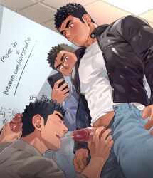 4boys bara bathroom black_hair blush cowboy_shot denim drinking_pee facial_hair from_below golden_shower handjob highres jacket jeans large_pectorals leather leather_jacket male_focus male_pubic_hair medium_sideburns multiple_boys muscular muscular_male open_fly original paid_reward_available pants pectorals peeing pubic_hair recording short_hair sideburns_stubble smile stubble thick_eyebrows uncensored yaoi youchi123