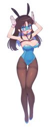 1girl aged_up animal_ears batman_(series) batrobin_k black_pantyhose blue_eyes breasts brown_hair colored_inner_hair dc_comics domino_mask fang highres large_breasts leotard long_hair mask multicolored_hair nightwing pantyhose playboy_bunny rabbit_ears robin_(batrobin_k) simple_background thigh_gap white_background
