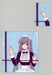00s 2002 black_eyes blue_hair braid chobits clamp comic highres maid official_art postcard_(medium) rain silent_comic twin_braids window yuzuki_(chobits)
