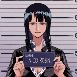 1girl barbie_(franchise) barbie_(live_action) barbie_mugshot_(meme) black_dress black_hair blue_eyes blunt_bangs character_name closed_mouth collared_shirt dress hashtag-only_commentary highres holding leather_dress light_smile looking_at_viewer medium_hair meme miuny nico_robin one_piece shirt solo upper_body