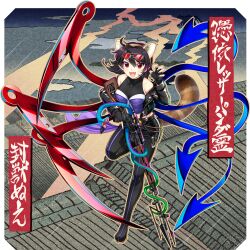 1girl :d ahoge alternate_costume animal_ear_hairband animal_ears bare_shoulders black_boots black_gloves black_hair black_jacket black_shirt black_shorts boots breasts character_name claw_pose collarbone dragunov_svd eyewear_on_head fake_animal_ears fang fingerless_gloves full_body game_cg gloves gun hairband highres holding holding_gun holding_weapon houjuu_nue houjuu_nue_(possessed_by_a_red_panda_spirit?!) jacket leg_up long_sleeves looking_at_viewer midriff official_art open_clothes open_jacket open_mouth pointy_ears raccoon_ears raccoon_tail red-tinted_eyewear red_eyes rifle rotte_(1109) scope shirt short_hair shorts smile snake sniper_rifle solo sunglasses tail thigh_boots third-party_source tinted_eyewear touhou touhou_lostword translation_request transparent_background trigger_discipline weapon wings