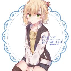 1girl absurdres black_jacket black_shorts black_thighhighs blonde_hair blush closed_mouth collarbone commentary cowboy_shot cutoffs eyelashes flipped_hair green_eyes hair_between_eyes hair_bun hair_ornament hair_scrunchie highres jacket kariya_wakana letterman_jacket light_frown looking_at_viewer medium_hair natsuno_st open_clothes open_jacket polka_dot polka_dot_scrunchie red_scrunchie sanoba_witch scrunchie shirt shorts simple_background single_side_bun sitting solo thighhighs twitter_username v_arms watermark white_background white_sleeves yellow_shirt