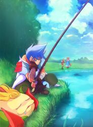 2girls angel_wings blonde_hair blue_eyes blue_hair breath_of_fire breath_of_fire_iii closed_mouth cloud dress drooling fishing fishing_rod grass highres long_hair makinko momo_(breath_of_fire) multiple_girls nina_(breath_of_fire_iii) ryu_(breath_of_fire_iii) short_hair sitting teepo water white_wings wings