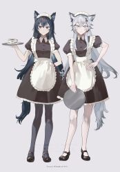 2girls absurdres alternate_costume animal_ears apron arknights arm_behind_back black_hair black_pantyhose black_shoes black_tail brown_dress buttons closed_mouth collared_dress commentary_request contrast_collar cup dress drink enmaided fingernails frilled_apron frilled_dress frills full_body glance_neon grey_background grey_eyes grey_hair grey_tail hair_between_eyes hair_ornament hairclip hand_on_own_hip highres holding holding_tray lappland_(arknights) long_hair maid maid_apron maid_headdress mary_janes multicolored_eyes multiple_girls orange_eyes pantyhose partial_commentary puffy_short_sleeves puffy_sleeves purple_eyes scar scar_across_eye scar_on_face shoes short_sleeves simple_background smile standing tail teacup texas_(arknights) tray two-tone_eyes watermark white_apron wolf_ears wolf_girl wolf_tail