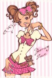 Rule 34 | blush, bow, bracelet, brown hair, dark-skinned female, dark skin, earrings, eyeshadow, fishnet top, fishnets, gyaru, hair bow, highres, jewelry, kogal, lilitafaery, makeup, miniskirt, original, pink bow, pink lips, plaid bow, plaid clothes, plaid skirt, pleated skirt, short twintails, skirt, twintails