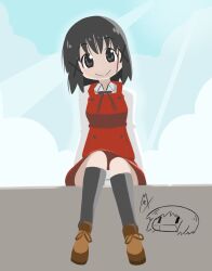 1girl black_eyes black_hair black_ribbon black_thighhighs brown_shoes buttons chibi chibi_inset closed_mouth cloud collared_shirt cosplay dress hair_ornament happy hidamari_sketch highres light_blush long_sleeves looking_at_viewer mad_mex nichijou outdoors pinafore_dress red_dress ribbon shinonome_nano shirt shoes short_hair sitting sky sleeveless sleeveless_dress smile solo sunlight thighhighs watermark white_shirt x_hair_ornament yuno_(hidamari_sketch) yuno_(hidamari_sketch)_(cosplay)