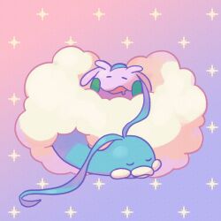 altaria beak blue_feathers closed_eyes drooling feathers fluffy gen_3_pokemon gen_6_pokemon goomy gradient_background highres mouth_drool nintendo no_humans numera_goomy open_mouth pink_background pokemon pokemon_(creature) purple_background simple_background sleeping sparkle u_u