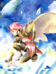 1boy black_capelet black_gloves black_pants blue_background cape capelet full_body gloves holding holding_staff looking_at_viewer looking_to_the_side male_focus on_one_knee open_mouth pants pink_hair purple_eyes ragnarok_online red_shirt sansaro shirt short_hair solo staff white_cape wizard_(ragnarok_online)