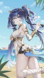 Rule 34 | 1girl, a-chuang, absurdres, ancient greek clothes, armpit crease, bare shoulders, black skirt, blue eyes, blue hair, blue sky, breasts, closed mouth, commentary, day, from behind, gold bra, greco-roman clothes, hand up, head wreath, highres, iuno (wuthering waves), light smile, long hair, looking at viewer, medium breasts, miniskirt, outdoors, skirt, sky, smile, solo, thighs, twintails, twisted torso, underboob, very long hair, wuthering waves