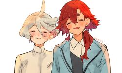 2girls blue_jacket closed_eyes closed_mouth collared_shirt commentary_request dated gundam gundam_suisei_no_majo highres jacket long_hair looking_at_viewer miorine_rembran multiple_girls open_mouth ponytail red_hair shirt short_hair simple_background smile suletta_mercury thick_eyebrows upper_body vt104k white_background white_hair white_shirt