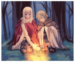 2boys blonde_hair blue_eyes blunt_bangs blush boots canute cape closed_eyes closed_mouth eyelashes fire fireplace forest fur_trim grass hair_between_eyes harumakijiro looking_at_another male_focus multiple_boys nature outdoors prince red_cape sidelocks sitting sleeping thorfinn tree viking vinland_saga