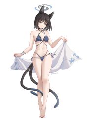 1girl absurdres animal_ears asagiri_ai barefoot bikini black_eyes black_hair blue_archive blue_bikini blue_halo breasts cat_ears cat_girl cat_tail commentary_request full_body grey_halo halo highres kikyou_(blue_archive) looking_at_viewer medium_breasts multicolored_halo multiple_tails navel short_hair simple_background solo standing stomach swimsuit tail two-tone_halo