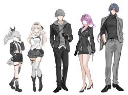 2boys 3girls absurdres black_boots black_hair black_hairband black_jacket black_necktie black_pants black_shoes black_shorts black_skirt black_sweater black_vest blade_(honkai:_star_rail) boots breasts caelus_(honkai:_star_rail) commentary_request crop_top da-un_(du) drill_hair firefly_(honkai:_star_rail) grey_hair grey_jacket grey_pants grey_shirt grey_socks hairband hand_in_pocket high_heels highres holding holding_phone honkai:_star_rail honkai_(series) jacket kafka_(honkai:_star_rail) korean_commentary long_hair medium_hair miniskirt multiple_boys multiple_girls necktie pants phone purple_eyes shirt shoes short_hair shorts silver_wolf_(honkai:_star_rail) simple_background skirt socks stellaron_hunters_(honkai:_star_rail) sweater thigh_gap thighs trailblazer_(honkai:_star_rail) turtleneck turtleneck_sweater vest white_background white_shirt yellow_eyes