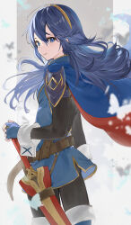 1girl absurdres ass blue_cape blue_eyes blue_gloves blue_hair brand_of_the_exalt breasts bug butterfly cape fingerless_gloves fire_emblem fire_emblem_awakening gloves hair_between_eyes haru_(nakajou-28) highres insect long_hair long_sleeves looking_at_viewer lucina_(fire_emblem) nintendo red_cape sheath sheathed small_breasts smile solo sword symbol_in_eye tiara two-tone_cape weapon