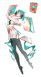 1girl absurdres ahoge alternate_costume alternate_hair_length alternate_hairstyle aqua_hair arm_tattoo black_gloves black_thighhighs character_doll chibi_miku chinese_commentary closed_eyes closed_mouth commentary_request different_reflection doll dress facing_viewer fingerless_gloves full_body glasses gloves gradient_clothes gradient_leotard gradient_necktie hair_intakes hands_on_own_head hatsune_miku highres leotard mirror necktie no_shoes number_tattoo rectangular_eyewear reflection short_hair simple_background skirt solo tattoo thighhighs vocaloid wabao_laowusuo white_background zettai_ryouiki