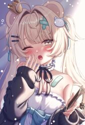 1girl ;o absurdres ahoge animal_ears anonemuna bandaid bare_shoulders bear_ears bear_girl bear_hair_ornament black_jacket black_ribbon blonde_hair blue_bow blue_ribbon blush bow breasts cellphone choker cleavage collar crown detached_collar dress fang frilled_choker frilled_collar frilled_dress frills hair_intakes hair_ornament hair_ribbon hairclip hand_to_own_mouth highres holding holding_phone jacket lion_ears long_hair long_sleeves looking_at_viewer medium_breasts milfy_(vrchat) mini_crown neck_garter neck_ribbon off_shoulder one_eye_closed open_clothes open_mouth phone ribbon skin_fang sleeves_past_wrists smartphone solo strap_slip tearing_up twintails upper_body vrchat white_dress x_hair_ornament yawning yellow_eyes