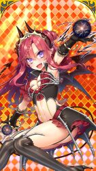 1girl :d argyle_background arm_up armpits ass asymmetrical_legwear bare_shoulders bat_wings belt black_gloves black_skirt blush boots breasts checkered_background checkered_floor choker cleavage cleavage_cutout clothing_cutout crop_top crown demon_girl demon_horns demon_wings detached_sleeves dress elbow_gloves fang frilled_skirt frills garter_straps giuniu gloves hair_between_eyes heart holding holding_weapon horns jewelry lace large_breasts layered_skirt long_hair looking_at_viewer lucian_luce medium_breasts microskirt midriff mini_crown miniskirt mismatched_legwear navel open_mouth outstretched_arm panties pink_hair pinstripe_pattern pleated_skirt pointy_ears polearm puffy_sleeves purple_eyes red_hair short_sleeves sidelocks sitting skirt sleeveless small_breasts smile solo sparkle stomach tail thighhighs thighs tiara tile_floor tiles twintails two_side_up uchi_no_hime-sama_ga_ichiban_kawaii underwear v-shaped_eyebrows weapon wings zettai_ryouiki