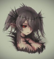 Rule 34 | 1girl, black collar, black lips, black sclera, black skirt, black souls, black souls 2, black wings, breasts, cleavage, closed mouth, collar, color filter, colored sclera, courtisane (black souls), ear piercing, green background, grey hair, hair ornament, hair over eyes, hair over one eye, head wings, highres, looking at viewer, medium hair, mole, mole on breast, mole under mouth, nose, piercing, pointy ears, red eyes, short twintails, sidelocks, simple background, skirt, solo, twintails, wings, wrangelina
