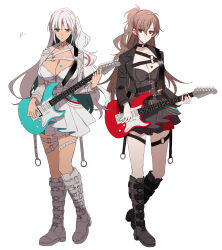2girls amazuki_jou azur_lane black_boots black_choker boots breasts brown_eyes brown_hair choker cleavage closed_mouth collarbone dress electric_guitar guitar heart highres holding holding_guitar holding_instrument instrument jean_bart_(azur_lane) knee_boots long_hair massachusetts_(azur_lane) multicolored_hair multiple_girls o-ring o-ring_choker o-ring_thigh_strap red_hair streaked_hair tan thigh_strap white_boots white_choker white_dress white_hair