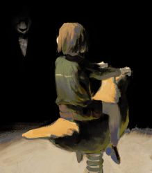 1other bad_id bad_twitter_id brown_hair brown_shorts chara_(undertale) commentary english_commentary from_behind highres horror_(theme) long_sleeves open_mouth short_hair shorts sitting spring_rider striped_clothes striped_sweater sweater undertale unnecessa_ry w.d._gaster