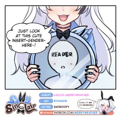 1girl 1other :d :o black_bow black_choker black_nails black_streaks blue_shirt blush border bow character_name choker commentary double-parted_bangs english_commentary english_text eyes_out_of_frame facing_viewer fang fourth_wall head_out_of_frame highres holding holding_mirror long_hair merryweather mirror multicolored_hair open_mouth original ryuuxin sally_sinclair shirt smile speech_bubble streaked_hair talking white_border white_hair