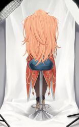 absurdres alternate_hairstyle bar_stool foxie30 from_behind guinaifen_(honkai:_star_rail) hair_lift highres honkai:_star_rail honkai_(series) leggings long_hair orange_hair photo_shoot sitting stool very_long_hair