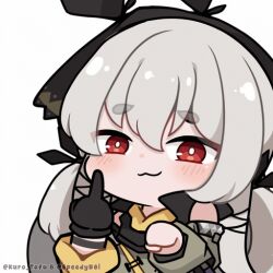 1girl :3 animated animated_gif arknights artist_collaboration black_gloves blush chibi closed_mouth gloves grey_hair grey_jacket hair_between_eyes jacket kurotofu long_hair long_sleeves looking_at_viewer low_twintails middle_finger puffy_long_sleeves puffy_sleeves red_eyes short_eyebrows simple_background single_glove smile solo speedyb0i thick_eyebrows twintails twitter_username upper_body weedy_(arknights) white_background