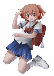 1girl absurdres backpack bag brown_hair fang full_body hair_between_eyes hairo_(r228n) highres hoshino_hinata kneeling looking_at_viewer open_mouth randoseru school_uniform short_hair side_ponytail simple_background solo watashi_ni_tenshi_ga_maiorita! white_background