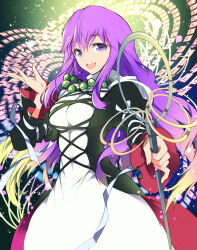 1girl absurdres black_coat blonde_hair breasts coat commentary_request cowboy_shot cross-laced_clothes cross-laced_dress dress gradient_hair highres hijiri_byakuren holding holding_staff ichizen_(o_tori) large_breasts long_hair looking_at_viewer multicolored_hair open_clothes open_coat open_mouth purple_eyes purple_hair shakujou smile solo staff touhou white_dress