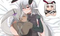 2girls absurdres animal_ears blush braid breasts closed_eyes closed_mouth cropped_torso crossed_arms dark-skinned_female dark_skin elmo_dormitory_outfit fake_animal_ears girls&#039;_frontline girls&#039;_frontline_2:_exilium grey_hair hair_between_eyes highres hug krolik_(girls&#039;_frontline_2) long_hair looking_at_viewer meme multiple_girls nemesis_(girls&#039;_frontline_2) on_bed ponytail rabbit_ears red_eyes scene_reference smart_oval smug speech_bubble upper_body we&#039;ll_be_having_sex_with_robots_in_the_next_10_years_(meme) yuri