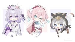 3girls ;) all_fours animal animal_ear_fluff animal_ears animal_hood aqua_eyes aqua_hair black_tiara blue_eyes boots breasts castorice_(honkai:_star_rail) cat_ears cat_girl cat_hood cat_tail chibi chibi_only chimera_(honkai:_star_rail) cipher_(honkai:_star_rail) dress flower gold_boots grey_hair hair_flower hair_ornament holding holding_animal honkai:_star_rail honkai_(series) hood hyacine_(honkai:_star_rail) looking_at_viewer medium_hair multicolored_hair multiple_girls one_eye_closed open_mouth pantyhose pink_hair pointy_ears purple_eyes purple_hair red_dress short_hair_with_long_locks simple_background smile tail tiara two-tone_hair uwasewau white_background white_dress white_pantyhose