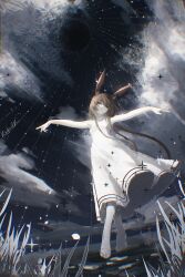 1girl absurdres amiya_(arknights) amiya_(young)_(arknights) animal_ears arknights bare_arms blue_eyes brown_hair closed_mouth cloud cloudy_sky dress grass highres jiuxiaoshi long_dress long_hair looking_to_the_side night night_sky on_ground outstretched_arms rabbit_ears rabbit_girl signature sky sleeveless sleeveless_dress solo spread_arms standing star_(sky) tiptoes white_dress