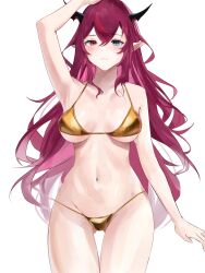 1girl alternate_costume arm_up armpits bare_arms bare_shoulders bikini blue_eyes breasts breasts_apart closed_mouth cloud_etoile cowboy_shot double-parted_bangs gluteal_fold gold_bikini golden_week groin hashtag-only_commentary heterochromia highres hololive hololive_english horns irys_(hololive) irys_(irys_2.0)_(hololive) large_breasts long_hair looking_at_viewer navel pointy_ears red_eyes red_hair simple_background solo stomach straight-on string_bikini swimsuit virtual_youtuber white_background