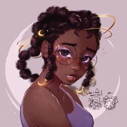 2girls afro_puffs aika_(kiana_mai) black_hair blush chibi chibi_inset cornrows crescent crescent_hair_ornament dark-skinned_female dark_skin eyeshadow glasses hair_ornament highres i_don&#039;t_want_to_be_a_magical_girl lips makeup multi-tied_hair multiple_girls nose pluvioseprince purple_eyeshadow smile star-shaped_hair thick_eyebrows very_dark_skin zira_(kiana_mai)