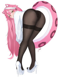 1girl absurdres alternate_costume animal_ear_fluff animal_ears ass bent_over black_panties black_pantyhose breasts center-flap_bangs commentary double-parted_bangs english_commentary from_behind full_body high_heels highres hololive hololive_english knees_together_feet_apart lace lace_panties large_breasts long_hair long_sleeves looking_at_viewer multicolored_hair no_pants panther_ears panther_girl panther_tail panties pantyhose pink_hair platform_heels puffy_long_sleeves puffy_sleeves pynkmouth raora_panthera shirt shoes simple_background solo streaked_hair tail thighband_pantyhose underwear virtual_youtuber white_background white_hair white_shirt white_shoes yellow_eyes