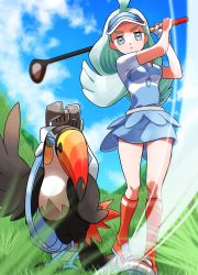 1girl ahoge aria_pkmn blurry breasts closed_mouth cloud commentary_request creatures_(company) day frown game_freak gen_7_pokemon golf_club grass green_hair grey_eyes highres holding holding_golf_club kahili_(pokemon) kneehighs knees long_hair mole mole_under_eye nintendo orange_socks outdoors pokemon pokemon_(creature) pokemon_sm shirt shoes short_sleeves sky socks toucannon visor_cap