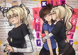 2girls black_hair black_pants black_sweater blonde_hair blue_eyes blue_nails blue_shirt blush class_of_09 closed_eyes closed_mouth derkdrew124 english_text hand_on_another&#039;s_waist heart hug jewelry kelly_(class_of_09) kiss kissing_cheek long_hair long_sleeves looking_to_the_side multiple_girls multiple_views necklace nicole_(class_of_09) pants paper_background paper_cutout parted_lips ponytail reference_sheet shirt short_sleeves sweatdrop sweater teeth text_background white_shirt yuri