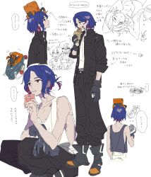 Rule 34 | ..., 1boy, 2girls, absurdres, amate yuzuriha, blue hair, colored inner hair, drinking, drinking straw, drinking straw in mouth, eating, food, gloves, gundam, gundam gquuuuuux, highres, holding, holding food, holding juice box, jacket, krymrin, long hair, multicolored hair, multiple girls, multiple views, non-humanoid robot, nyaan (gundam gquuuuuux), pants, ponytail, purple hair, red eyes, robot, school uniform, shirt, short hair, shuji ito, sleeveless, speech bubble, spoken ellipsis, tank top, thought bubble, two-tone hair, white shirt