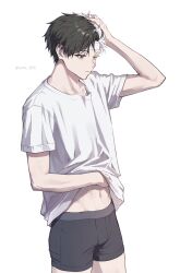 1boy black_eyes black_hair black_male_underwear boxers hand_on_own_stomach heterochromia highres looking_down male_focus male_underwear midriff_peek multicolored_hair navel no_pants sakura_haruka_(wind_breaker) shirt short_hair simple_background skinny solo soru_2023 split-color_hair two-tone_hair underwear white_background white_hair white_shirt wind_breaker_(nii_satoru) yellow_eyes