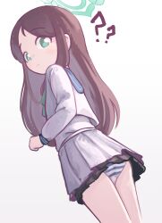 1girl ? ?? absurdres airi_(blue_archive) blue_archive blue_panties brown_hair closed_mouth commentary_request green_eyes green_halo halo highres kanbaki long_hair long_sleeves looking_at_viewer panties pantyshot sailor_collar sailor_shirt school_uniform serafuku shirt simple_background skirt solo striped_clothes striped_panties underwear white_background white_serafuku white_shirt white_skirt