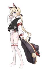 Rule 34 | 1girl, absurdres, animal ears, armband, artist request, bandaid on thigh, black hat, black jacket, blonde hair, blue eyes, cat ears, cat tail, commission, fake animal ears, from side, full body, grin, hat, highres, holding, holding unworn clothes, holding unworn hat, jacket, long hair, long sleeves, looking at viewer, multicolored jacket, no shoes, original, pointy ears, red armband, second-party source, simple background, smile, solo, standing, tail, thighhighs, twintails, two-tone jacket, unworn hat, unworn headwear, very long hair, white background, white jacket, white thighhighs