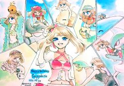 ^_^ aged_down aron banana bandana bikini birthday black_eyes black_shirt blue_bandana blue_eyes blue_sky breasts child closed_eyes cloud cloudy_sky creature crying dated day donphan dress english_text fang fish food fruit gallade gen_2_pokemon gen_3_pokemon gen_4_pokemon green_bandana highres leaf_bikini may_(contest)_(pokemon) may_(pokemon) minapo multiple_persona multiple_views nintendo on_head pink_dress plusle pokemon pokemon_(creature) pokemon_adventures pokemon_on_head red_bandana red_eyes relicanth riding riding_pokemon shirt signature sky sleeveless sleeveless_shirt small_breasts tears torchic tropius wailord