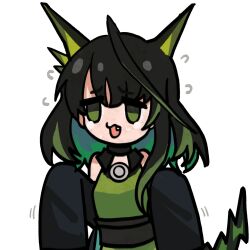 1girl animal_ears animated animated_gif arknights black_hair fang female_focus flying_sweatdrops green_eyes green_hair mon3tr_(arknights) multicolored_hair open_mouth simple_background sweatdrop tail trembling two-tone_hair upper_body white_background worried yyyyuec