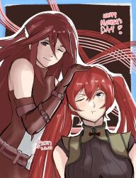 2girls ;) artist_name closed_mouth cordelia_(fire_emblem) dated dress elbow_gloves feather_hair_ornament feathers fire_emblem fire_emblem_awakening gloves hair_between_eyes hair_ornament hand_on_another&#039;s_head happy_mother&#039;s_day long_hair mother&#039;s_day mother_and_daughter multiple_girls nintendo one_eye_closed pout red_dress red_eyes red_gloves red_hair severa_(fire_emblem) smile twintails upper_body very_long_hair yoltablaze