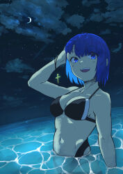 1girl absurdres ahoge bare_shoulders bikini black_bikini blue_eyes blue_hair blush breasts c.i.e.l_(fate) c.i.e.l_(first_ascension)_(fate) ciel_(tsukihime) cleavage collarbone crescent_moon cross cross_necklace fate/grand_order fate_(series) highres jewelry looking_at_viewer medium_breasts moon navel necklace night night_sky ocean open_mouth short_hair sky smile solo swimsuit unworn_jewelry unworn_necklace zakio