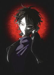 1boy absurdres black_eyes black_jacket brown_hair closed_mouth film_grain hand_in_own_hair harada_minoru highres jacket long_sleeves looking_at_viewer male_focus open_clothes open_jacket purple_sweater red_pupils saibou_shinkyoku short_hair smile solo sweater turtleneck turtleneck_sweater upper_body voltmeter_f